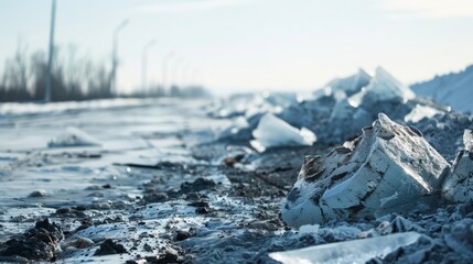 Large chunks of ice and debris litter the landscape as permafrost melt causes the ground to heave and crack impacting nearby infrastructure.