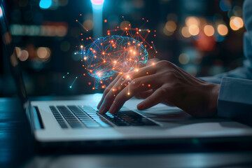 Person prompting on laptop with brain of AI Machine learning artificial intelligence of technology. AI network of digital brain circuit business intelligence data prompt engineering