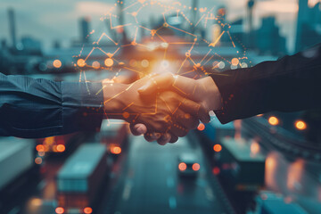 Smart logistics Global business concept. Businessman making handshake for successful business investment deal teamwork and partnership business partners on logistic global network and supply chain