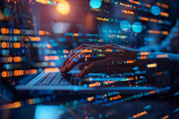 Software web development data processing programming concept. Coding programmer using computer with program code and data management technology icon. Technology process of software development