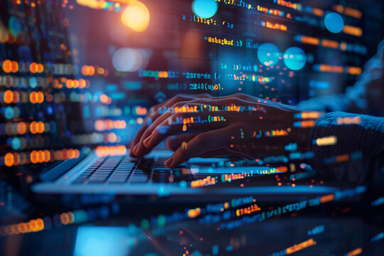 Software web development data processing programming concept. Coding programmer using computer with program code and data management technology icon. Technology process of software development
