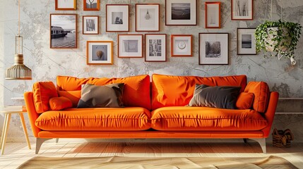 a cozy living room with an orange couch adorned with a variety of pillows, including gray, orange,...