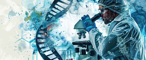 The image shows a scientist looking at a DNA strand through a microscope. The scientist is wearing a lab coat and safety goggles. The background is a blue and white blur. The image is about science