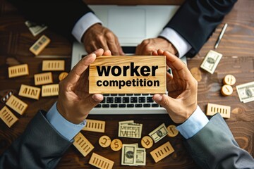 A businessman holds wooden blocks with the words "Workers' Compensation," Workers Financial Compensation Insurance Business Industry Concept. Industry concept