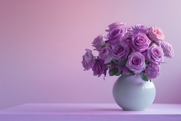 Elegant purple roses in a white vase on a pink backdrop