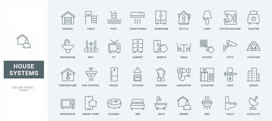 Domestic equipment for owner, wifi access and digital TV thin black and red outline symbols, vector illustration. Household services, electrical appliances and furniture for home line icons set