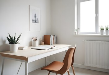 Fototapeta na wymiar Minimal Scandinavian contemporary empty wooden table with sunlight. Simplistic Home office, Cafe, office and library