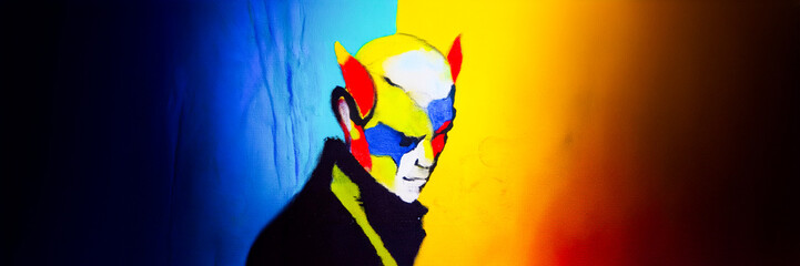 Ukrainian flag design concept - devil portrait acrylic multicolor modern art artwork - discreet / discrete thinker philosopher