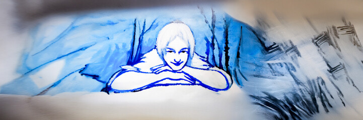 wait acrylic portrait of a woman rest smile with hand support - blue acrylic monochrome