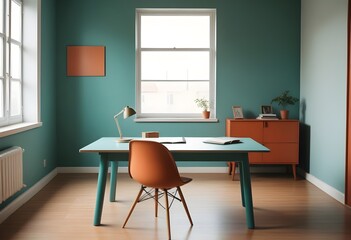 Minimal Scandinavian contemporary empty wooden table with sunlight. Simplistic Home office, Cafe, office and library