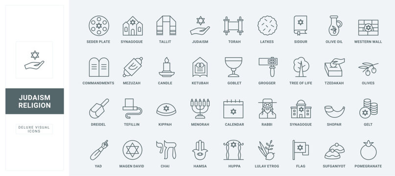 Jewish identity objects and religious items, food and calendar for religious holidays and festivals, thin black and red symbols collection vector illustration. Judaism religion line icons set