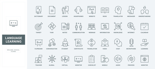 Online lesson with teacher to learn and practice language, process of audio and video communication thin black and red outline symbols, vector illustration. Foreign language study line icons set © Iconic Prototype