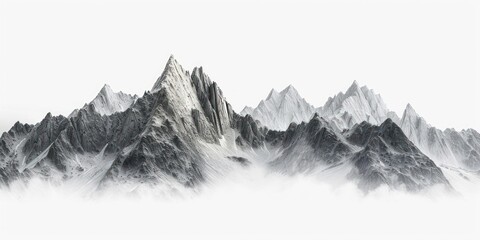 Obraz premium Landscape view of rocky snow mountain peaks on a white background.