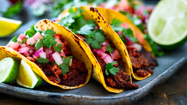 Fresh and tasty Mexican tacos de adobada to eat 16:9 with copyspace