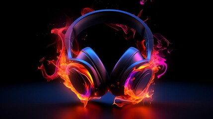 Fiery neon headphones in a dark space