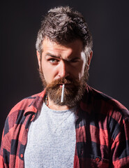 Bearded man smoke cigarette. Beard bristled. Male prickly stubble concept. The prickly bristle....