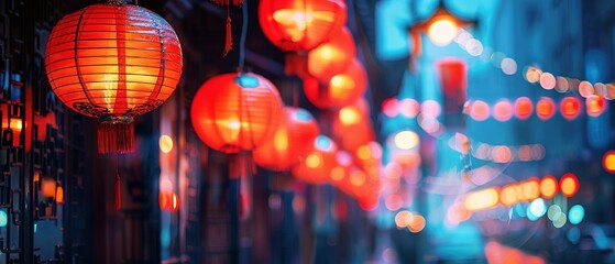 Happy Chinese New Year! Traditional red lanterns hang in celebration, against a blurred night street background with copy space.