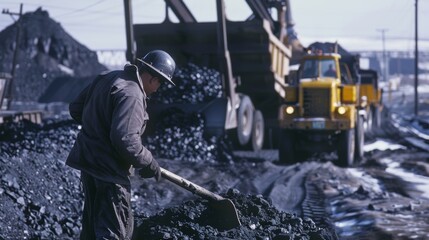 A worker uses a large shovel to load piles of coal onto a waiting truck.