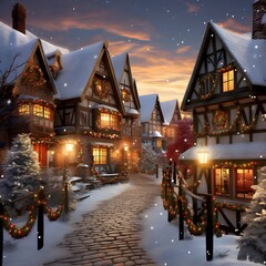 Beautiful christmas village with houses in the snow at night.