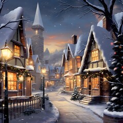 Beautiful winter cityscape with snow covered houses. Illustration.