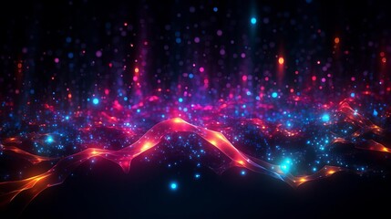 Glowing neon particles in a dark space