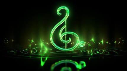 Green neon musical note on a black background