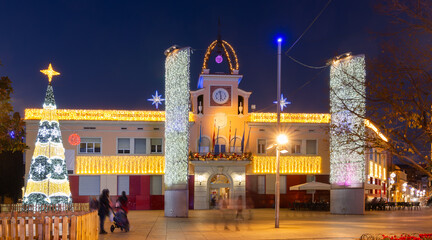 City hall of city Sants Coloma de Gramenet at Christmas time in evening