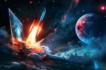 Naklejka premium laptop with a rocket launch coming out of the screen, on a dark background, with an explosion effect on the laptop, in a hyper realistic style