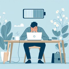 Tech Burnout: Illustration of a Man Exhausted at Desk with Laptop Showing Low Battery