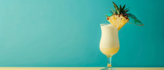 A tropical pi&ntilde;a colada with a pineapple wedge and umbrella in a tall glass against a blue background with copy space