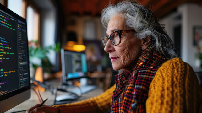 Mature woman reviewing code on a desktop computer with a focused expression