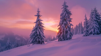 Sun Setting Over Snowy Mountain