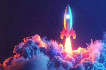 3d render of colorful rocket launch, dark background with glowing elements, vector illustration, digital art style