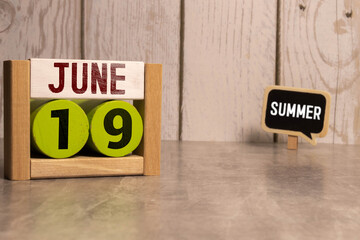 June 19- from wooden blocks with letters, important date concept.