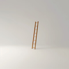  A single wooden ladder in balance with evenly spaced rungs against a light-colored background. High-resolution image, minimalist aesthetic.