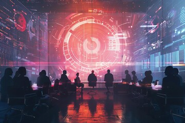 IT project management front view showcasing team coordination and project timelines scifi tone Colored pastel