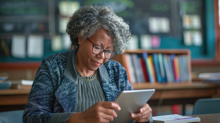 Senior female educator grading papers on a tablet in a classroom