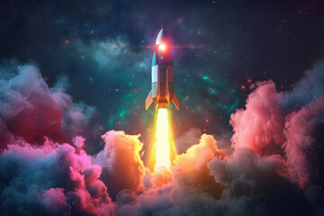 Abstract rocket ship taking off with colorful smoke and glowing lights against dark background. Space travel concept, illustration design vector Illustration art for graphic