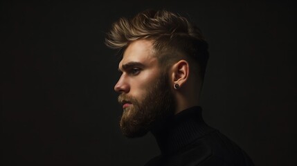 Young handsome man with short colored hair on dark studio background, portrait of bearded guy wearing black jumper. Concept of style, fashion, beauty model, male, stylish hairstyle