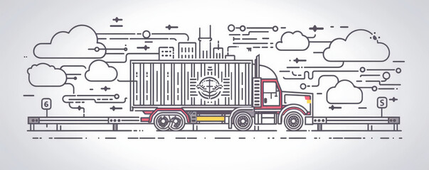 Minimalist illustration of a semi-truck in black and white with a sun icon.