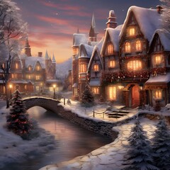 Beautiful winter landscape with snowy houses and bridge in the evening.