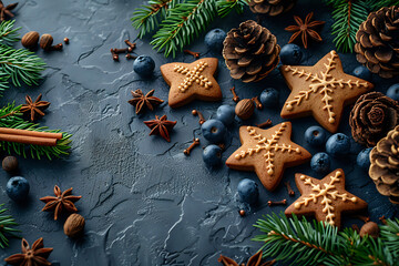 
Festive image of star-shaped gingerbread cookies surrounded by pine branches, berries, and spices on a textured dark background, perfect for holiday decor, seasonal greetings, and Christmas themes. - Powered by Adobe
