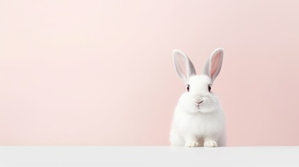 Obraz premium cute animal pet rabbit or bunny white color smiling and laughing isolated with copy space for easter background, rabbit, animal, pet, cute, fur, ear, mammal, background, celebration, generate by AI