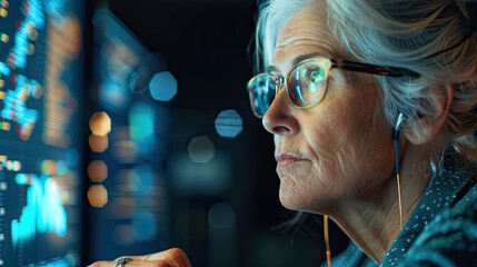 Senior female software developer writing code on a desktop computer