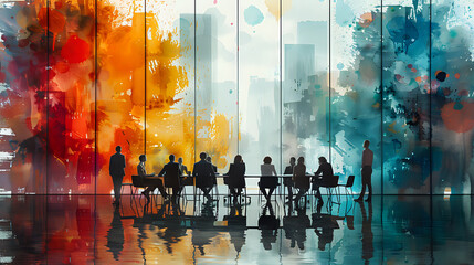 Business Meeting in Modern Office with Abstract Art.

Silhouette of business people in a modern office with large windows and abstract art, perfect for corporate and creative design themes.