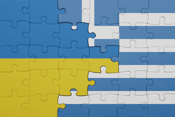 puzzle with the colourful national flag of greece and flag of ukraine.