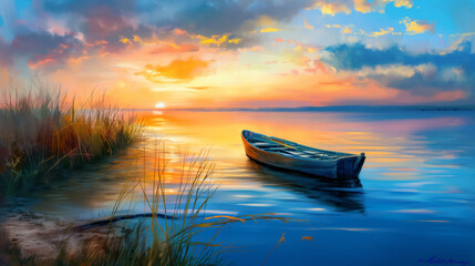 Serene Sunset Over Calm Lake with Wooden Rowboat and Reflective Water: Tranquil Nature Scene