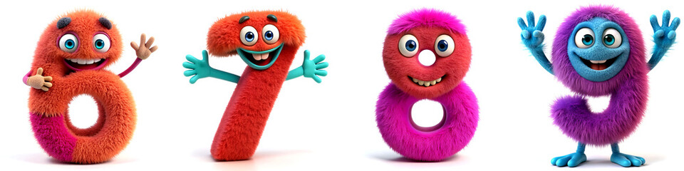 Fototapeta premium Numbers 6, 7, 8, 9. Playful Monster Alphabet for Kids in Bright Colors.