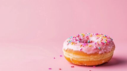 Pink frosted donut with colorful sprinkles on pastel background
