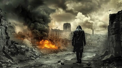 A lone figure walking through the ruins of a oncethriving city